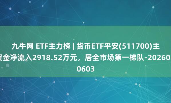 九牛网 ETF主力榜 | 货币ETF平安(511700)主力资金净流入2918.52万元，居全市场第一梯队-20260603